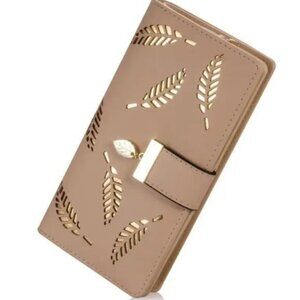 Women’s Beige Tan Faux Leather Gold Leaf Clutch Wallet